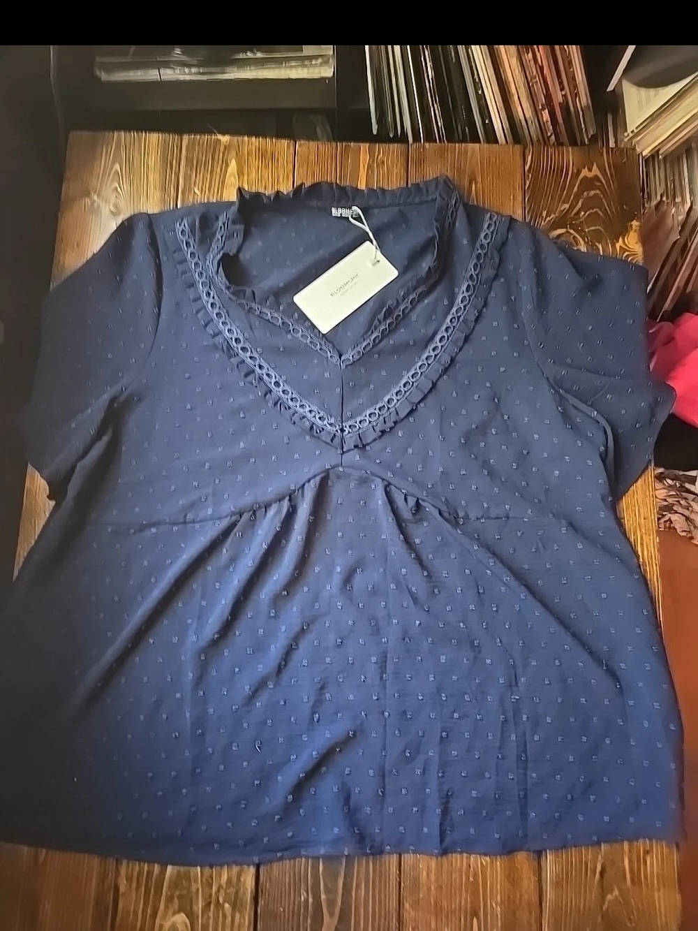 BloomChic Navy V-Neck Short Sleeve Top with Eyelet Trim